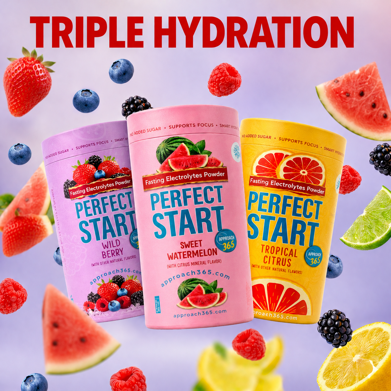 Triple Hydration – 1 Wild Berry, 1 Tropical Citrus, 1 Watermelon.